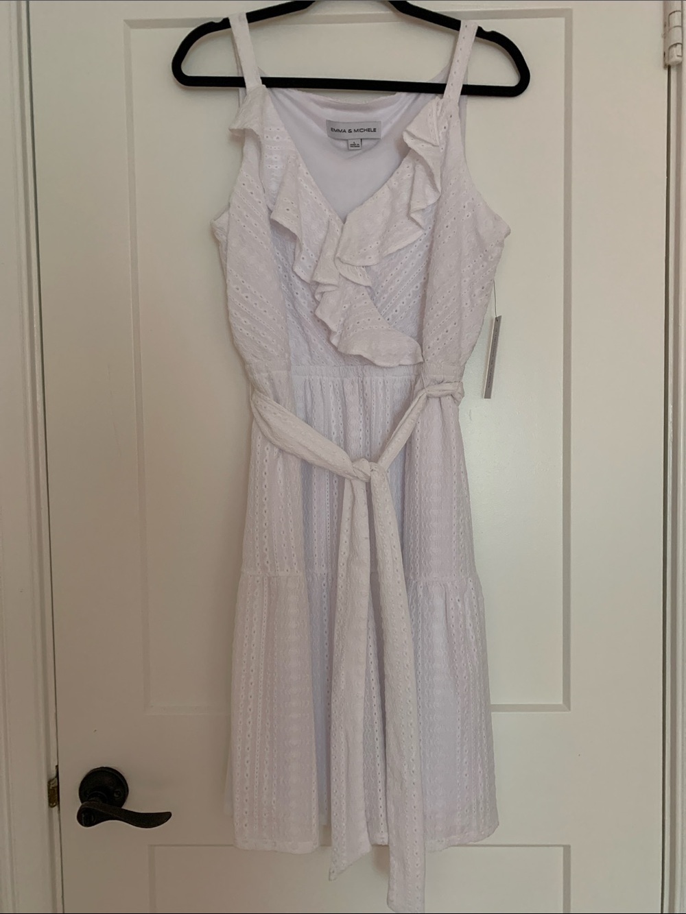 Emma and Michele White Eyelet Ruffle Midi Dress with Tie Waist